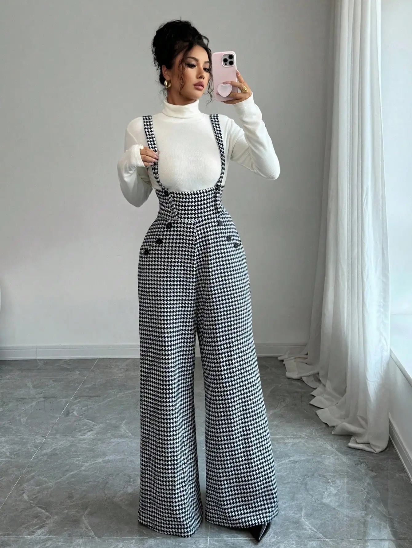 Overalls for Women's Winter Jumpsuit Black White Vintage Wide Leg Suspender Pants for Office Commute Casual Female Clothing