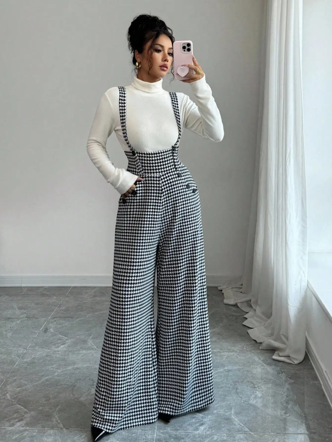 Overalls for Women's Winter Jumpsuit Black White Vintage Wide Leg Suspender Pants for Office Commute Casual Female Clothing