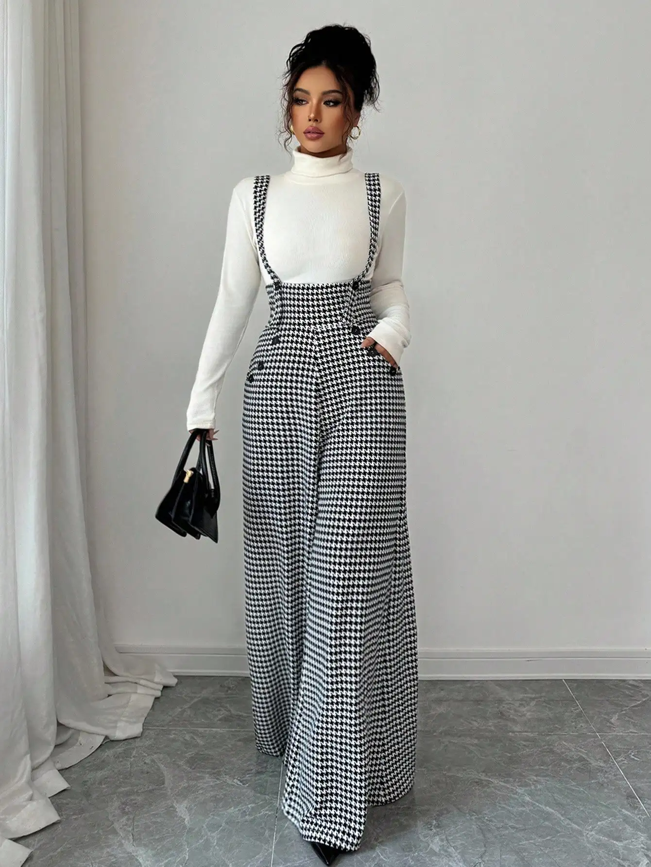 Overalls for Women's Winter Jumpsuit Black White Vintage Wide Leg Suspender Pants for Office Commute Casual Female Clothing