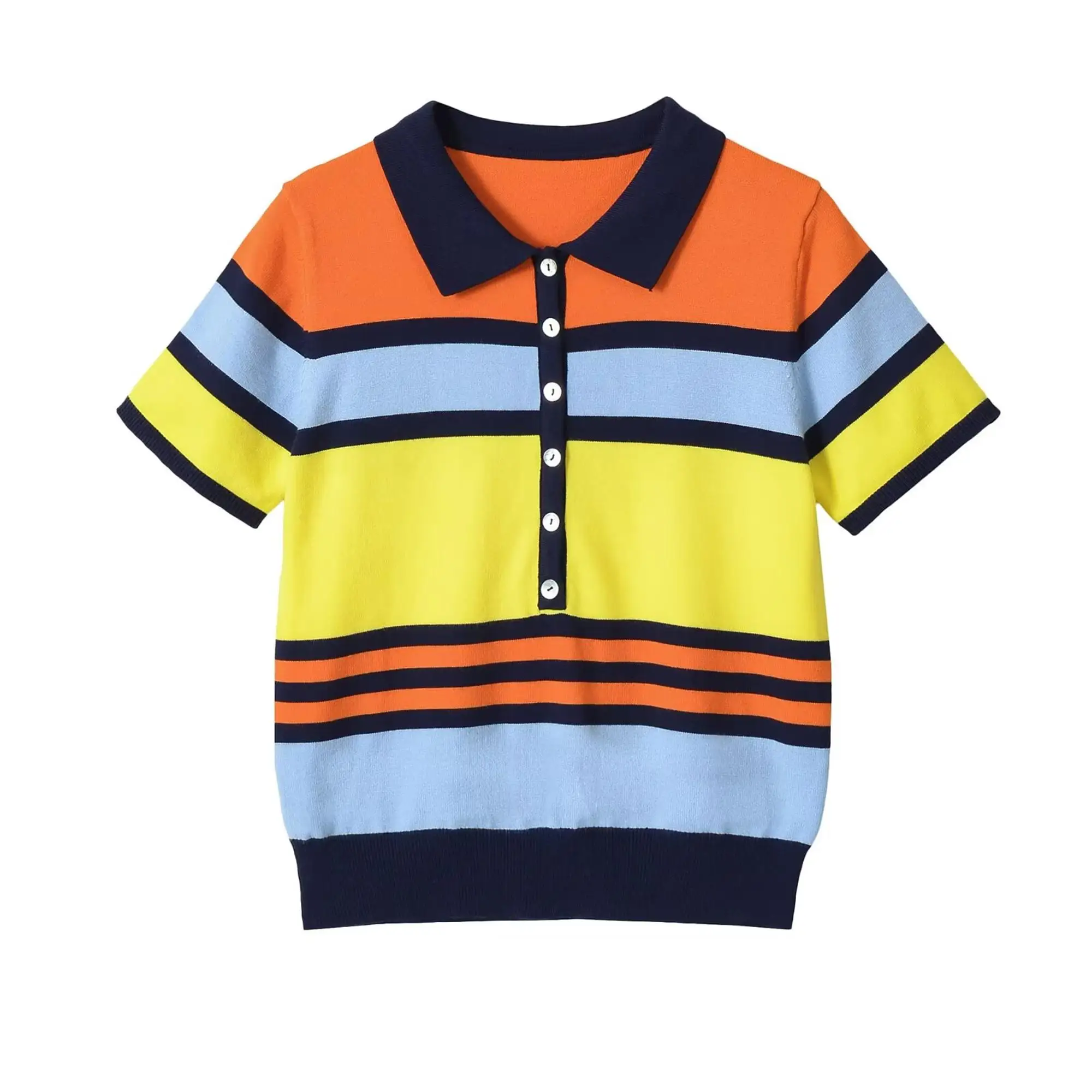 TFMLN Women's Colorful Striped Knitted Polo Shirt 2026 Summer Trendy Holiday Pullover Tops Leisure Stylish Short Sleeve Tops