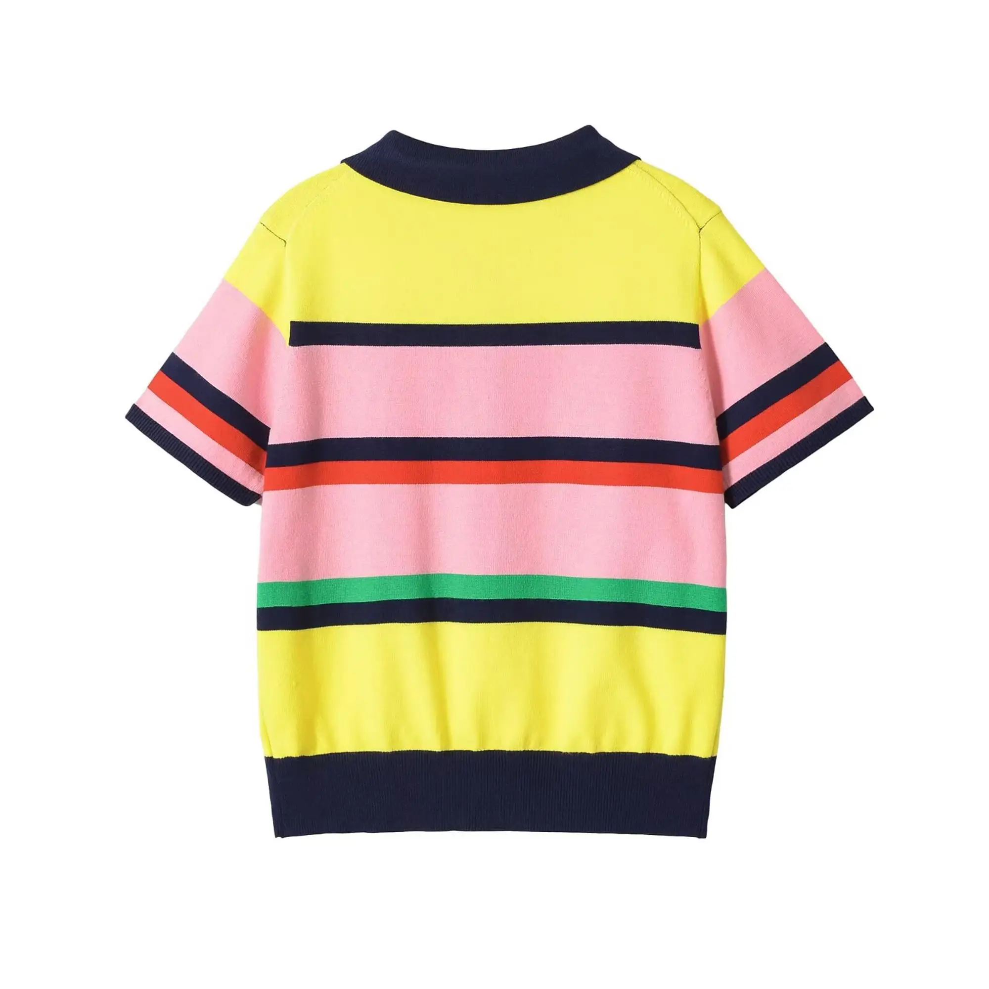 TFMLN Women's Colorful Striped Knitted Polo Shirt 2026 Summer Trendy Holiday Pullover Tops Leisure Stylish Short Sleeve Tops