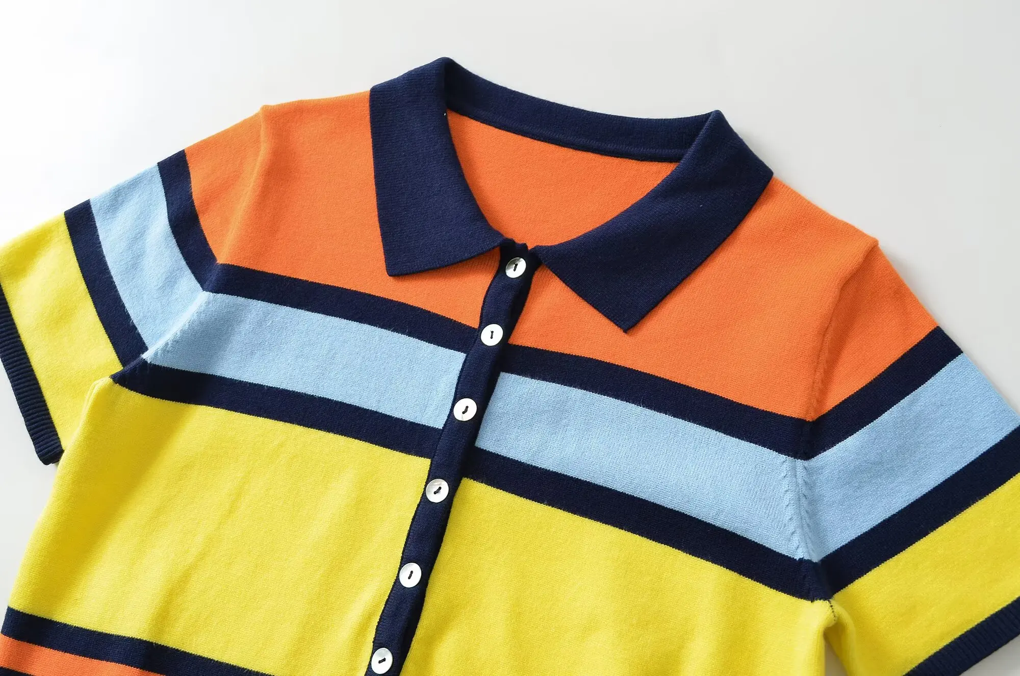 TFMLN Women's Colorful Striped Knitted Polo Shirt 2026 Summer Trendy Holiday Pullover Tops Leisure Stylish Short Sleeve Tops