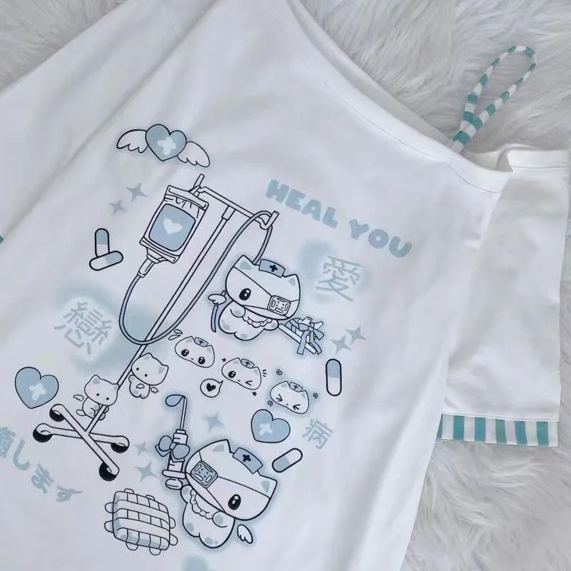 Japanese Harajuku Sweet Graphic T Shirts Women Cat Print Summer Off Shoulder Top Short-sleeve Oversize Tees Loose Casual T Shirt