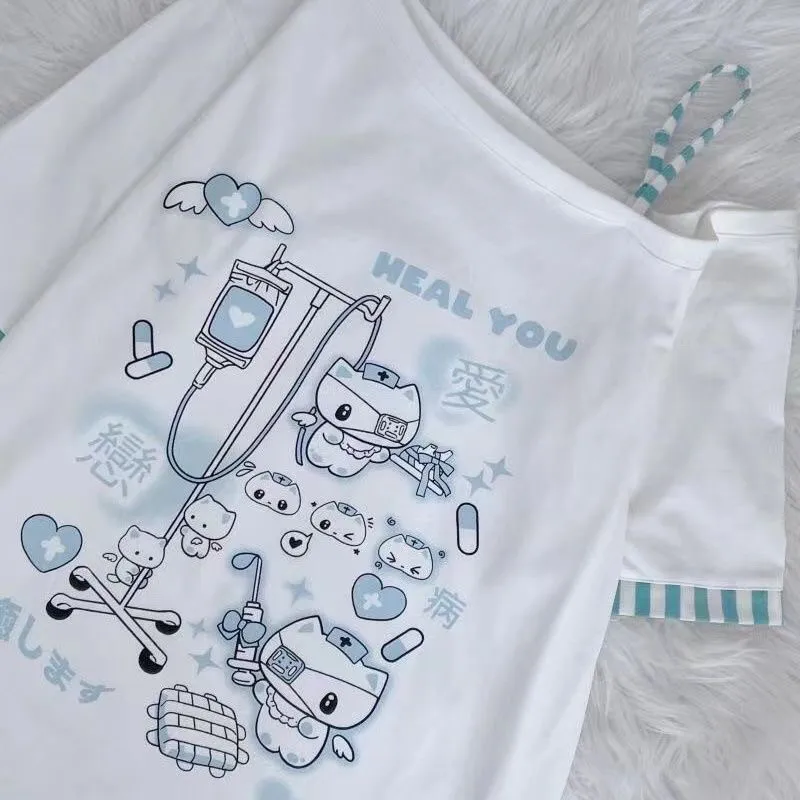 Japanese Harajuku Sweet Graphic T Shirts Women Cat Print Summer Off Shoulder Top Short-sleeve Oversize Tees Loose Casual T Shirt