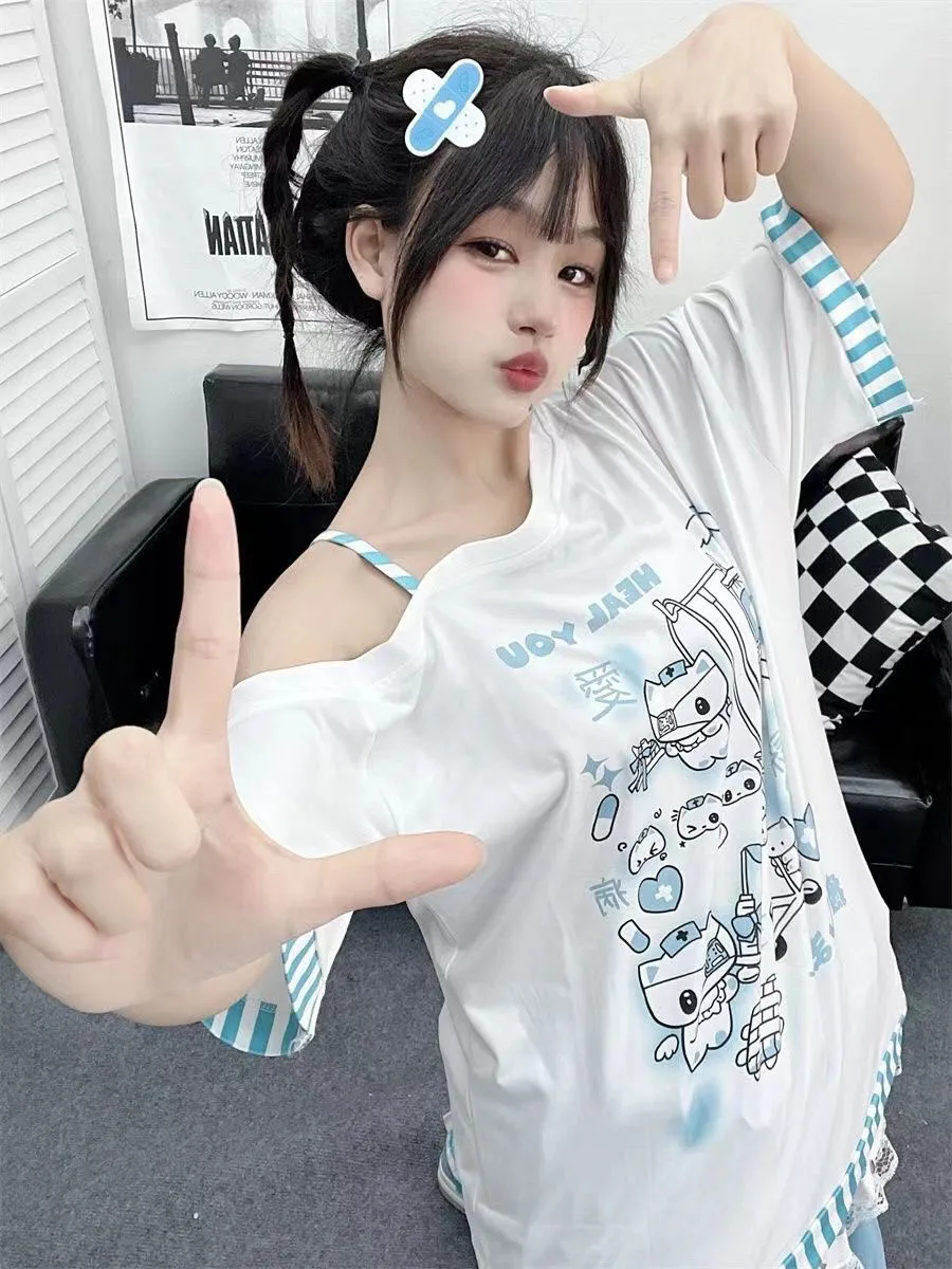 Japanese Harajuku Sweet Graphic T Shirts Women Cat Print Summer Off Shoulder Top Short-sleeve Oversize Tees Loose Casual T Shirt
