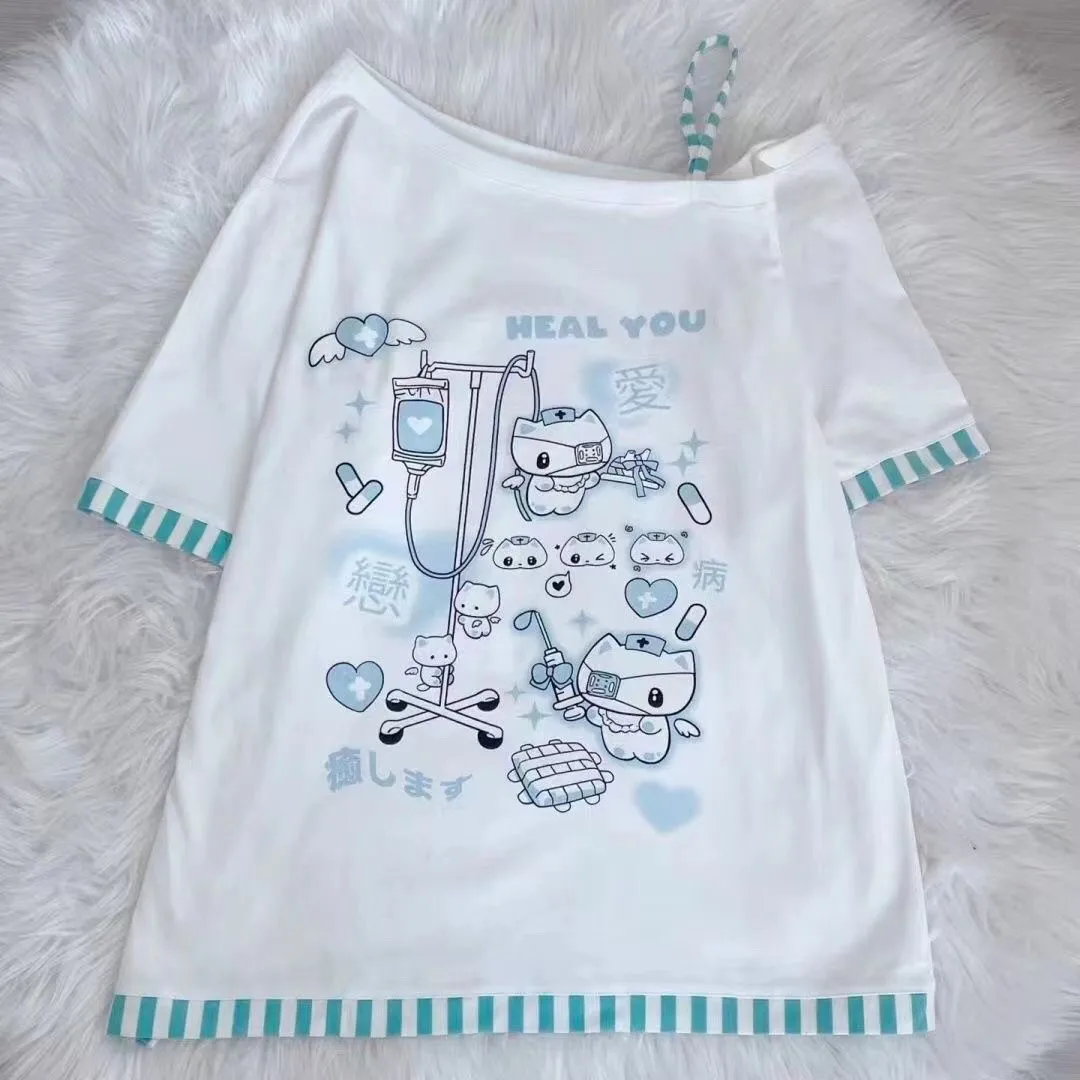 Japanese Harajuku Sweet Graphic T Shirts Women Cat Print Summer Off Shoulder Top Short-sleeve Oversize Tees Loose Casual T Shirt