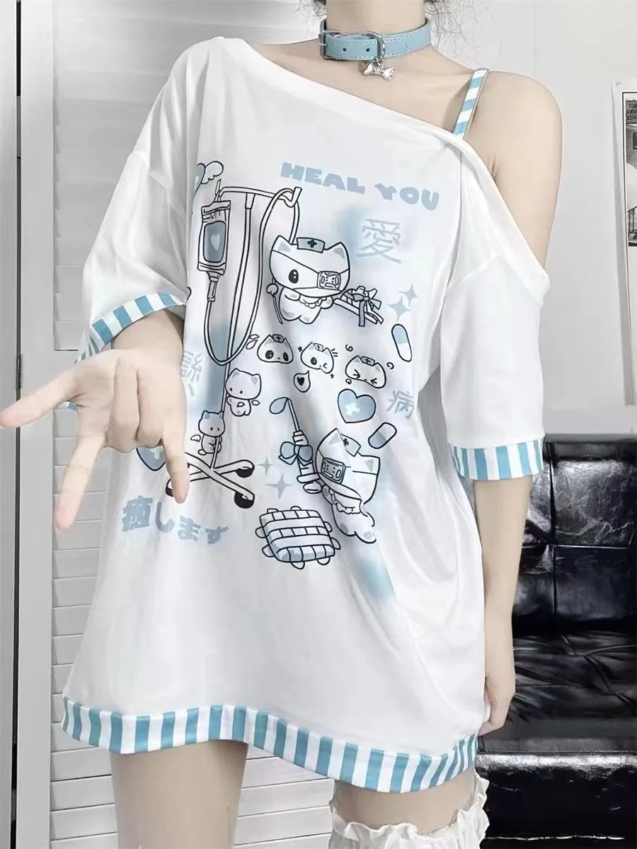 Japanese Harajuku Sweet Graphic T Shirts Women Cat Print Summer Off Shoulder Top Short-sleeve Oversize Tees Loose Casual T Shirt