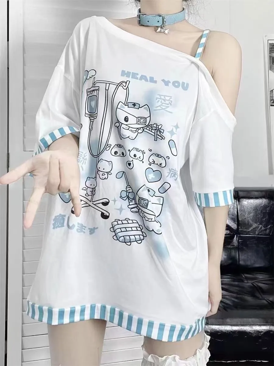 Japanese Harajuku Sweet Graphic T Shirts Women Cat Print Summer Off Shoulder Top Short-sleeve Oversize Tees Loose Casual T Shirt