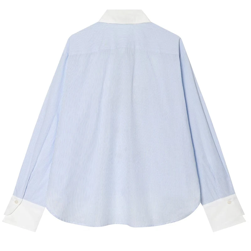 HXAO Oversized Striped Shirt Women's Blouse 2026 Blue White Contrast Frog Button Long Sleeve Top Casual Streetwear Shirts