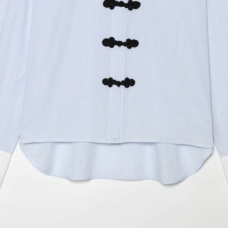 HXAO Oversized Striped Shirt Women's Blouse 2026 Blue White Contrast Frog Button Long Sleeve Top Casual Streetwear Shirts