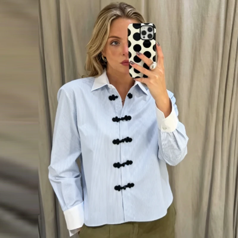 HXAO Oversized Striped Shirt Women's Blouse 2026 Blue White Contrast Frog Button Long Sleeve Top Casual Streetwear Shirts