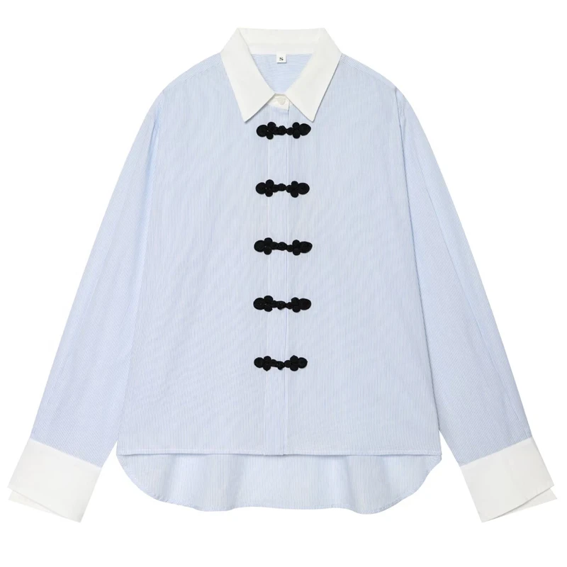 HXAO Oversized Striped Shirt Women's Blouse 2026 Blue White Contrast Frog Button Long Sleeve Top Casual Streetwear Shirts