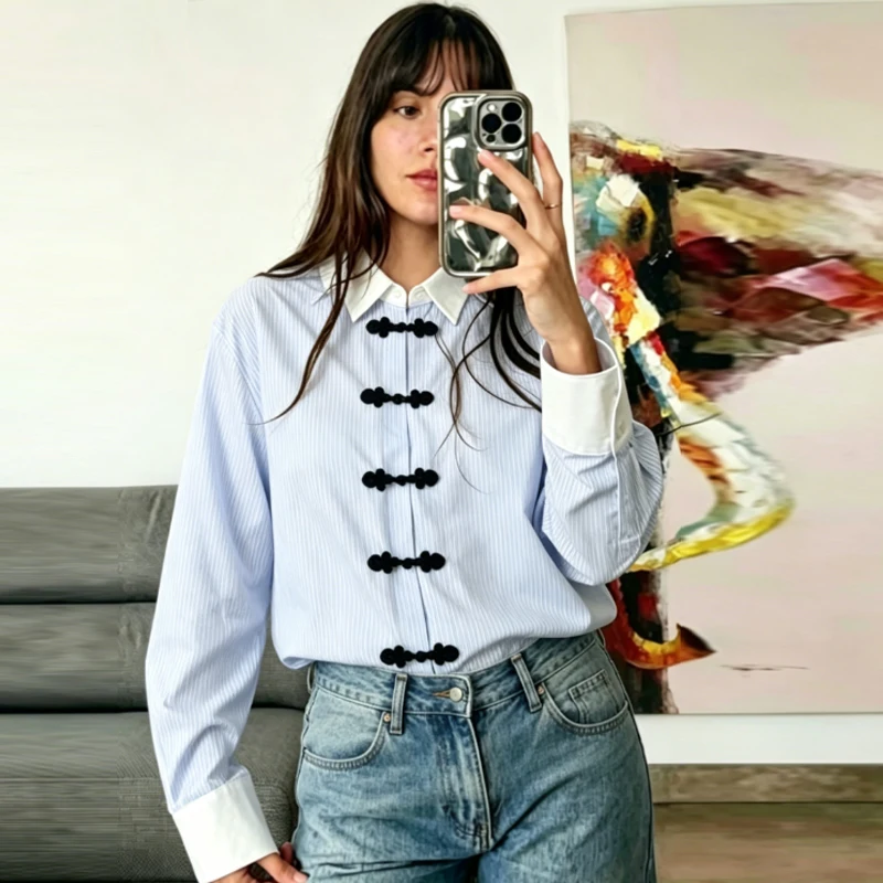HXAO Oversized Striped Shirt Women's Blouse 2026 Blue White Contrast Frog Button Long Sleeve Top Casual Streetwear Shirts