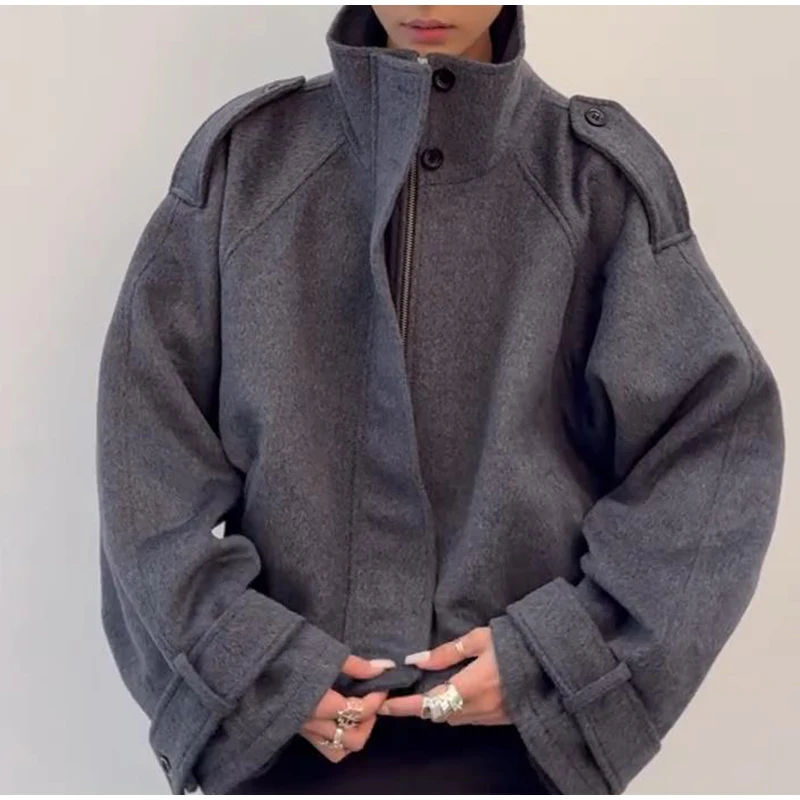 Fashion Short Woolen Coat Women Stand Collar Single-breast Full Sleeve Loose Pocket Jacket Female 2026 Autumn Solid Lady Outwear