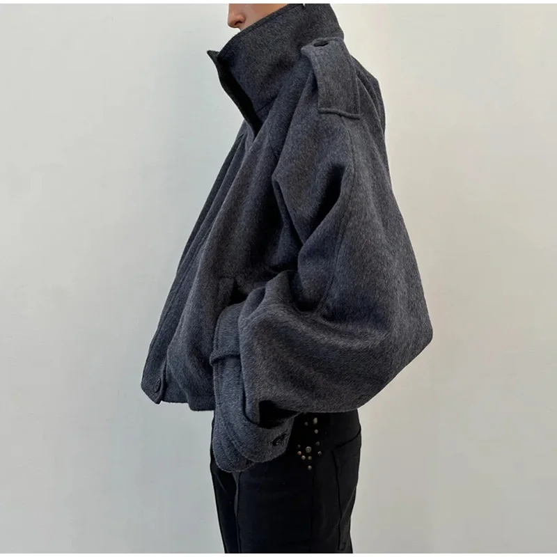 Fashion Short Woolen Coat Women Stand Collar Single-breast Full Sleeve Loose Pocket Jacket Female 2026 Autumn Solid Lady Outwear