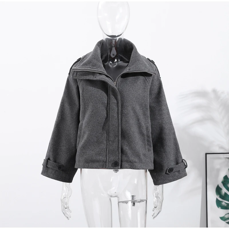 Fashion Short Woolen Coat Women Stand Collar Single-breast Full Sleeve Loose Pocket Jacket Female 2026 Autumn Solid Lady Outwear