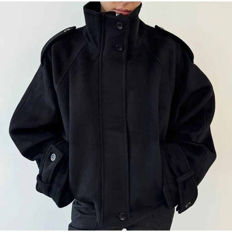 Fashion Short Woolen Coat Women Stand Collar Single-breast Full Sleeve Loose Pocket Jacket Female 2026 Autumn Solid Lady Outwear