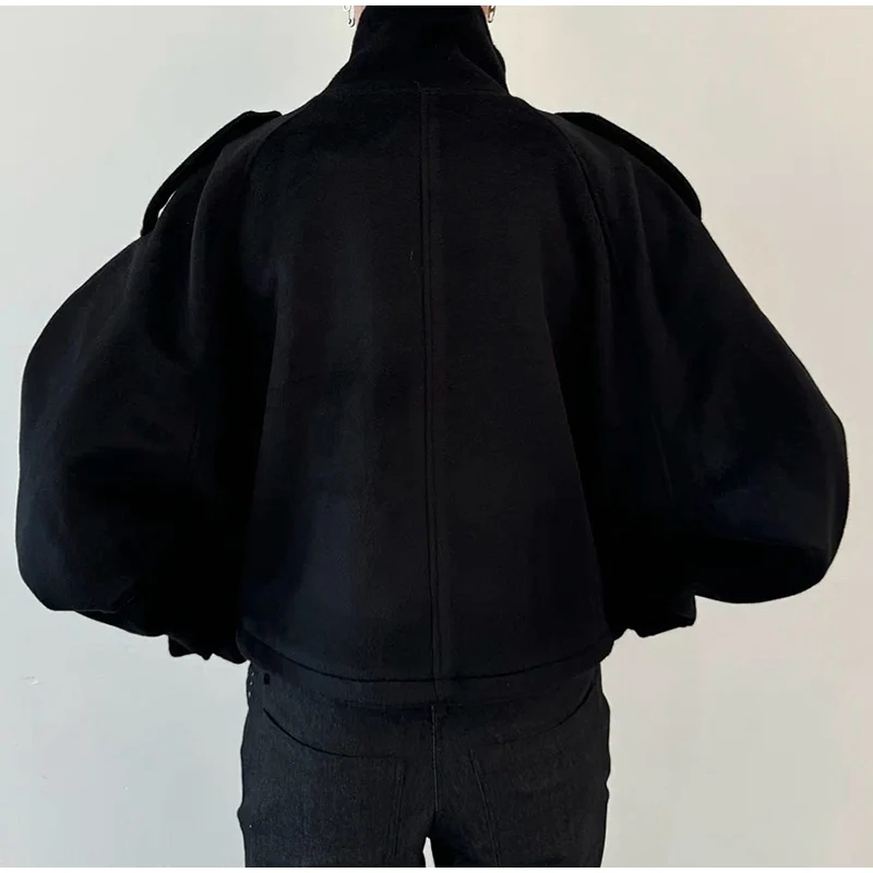 Fashion Short Woolen Coat Women Stand Collar Single-breast Full Sleeve Loose Pocket Jacket Female 2026 Autumn Solid Lady Outwear