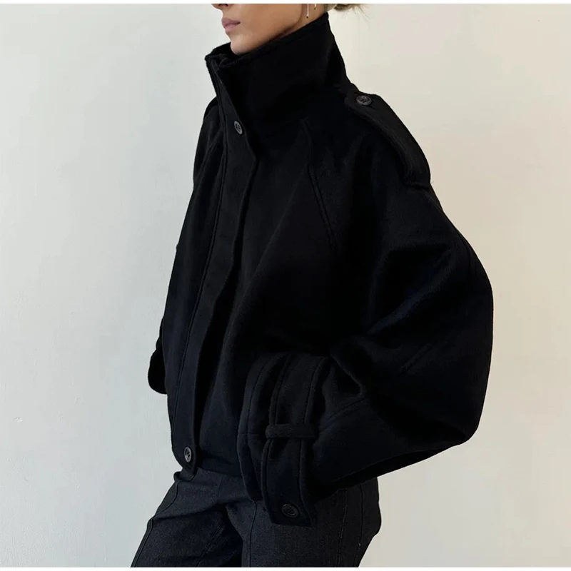 Fashion Short Woolen Coat Women Stand Collar Single-breast Full Sleeve Loose Pocket Jacket Female 2026 Autumn Solid Lady Outwear