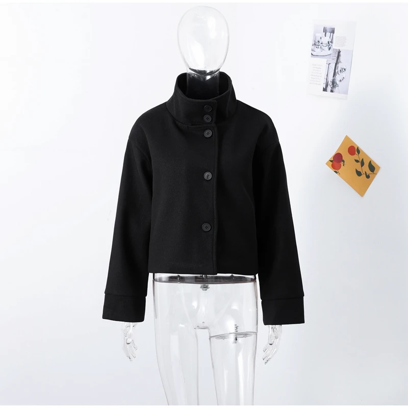 Fashion Short Woolen Coat Women Stand Collar Single-breast Full Sleeve Loose Pocket Jacket Female 2026 Autumn Solid Lady Outwear