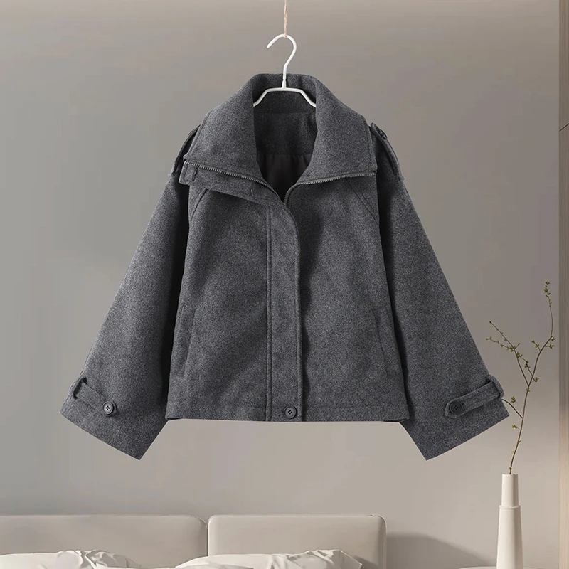 Fashion Short Woolen Coat Women Stand Collar Single-breast Full Sleeve Loose Pocket Jacket Female 2026 Autumn Solid Lady Outwear