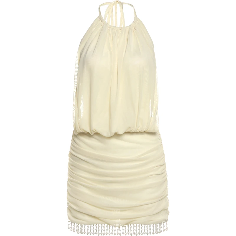Weird Puss Sexy Mesh Patchwork Mini Dress Women Lace-Up Halter Backless Pearl Tassel Ruched Elegant Midnight Club Party Outfits