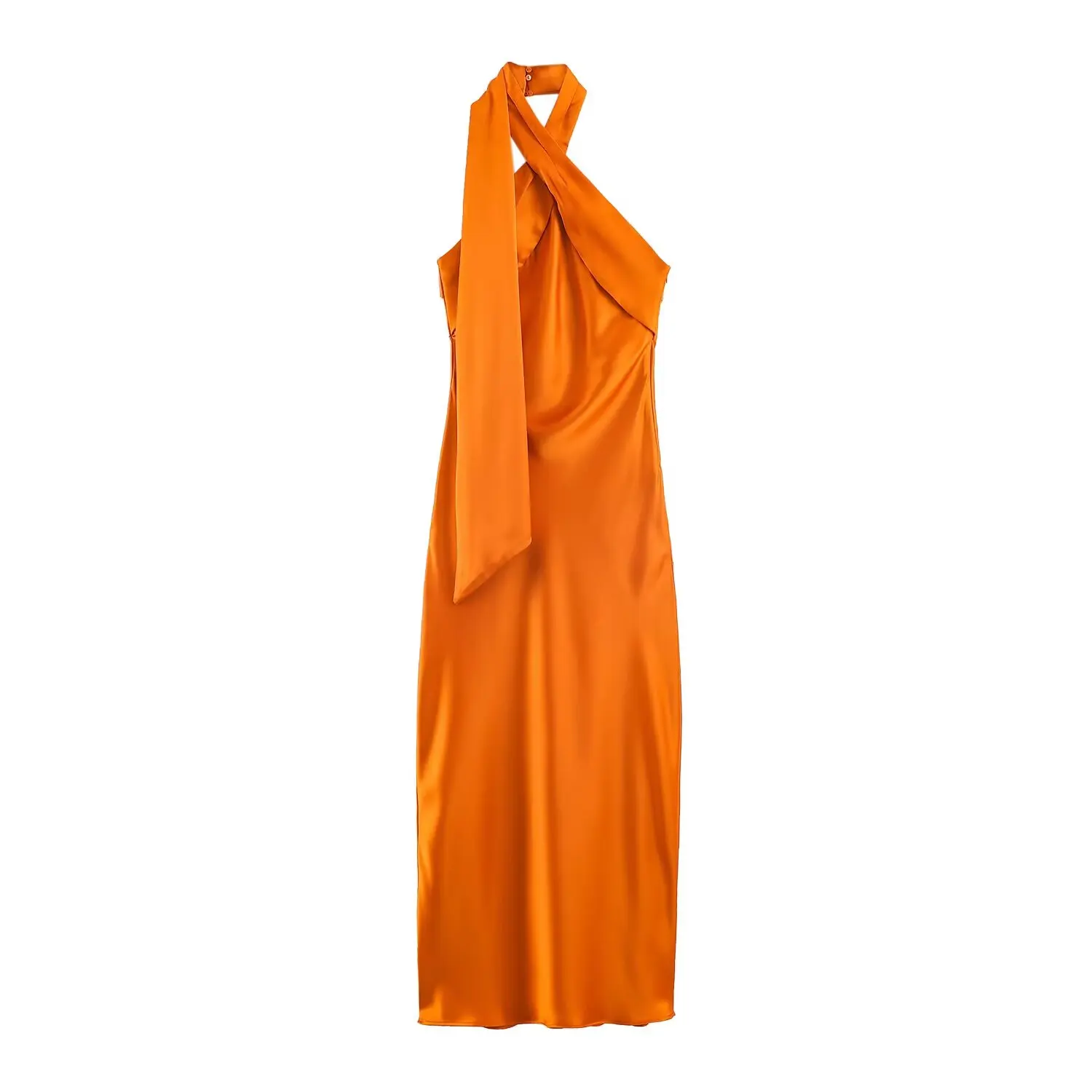 BSAY 2026 New Chic Women Glossy Satin Crisscross Halter Midi Dress Decorative Long Sash Sleeveless Bodycon Evening Dating Dress