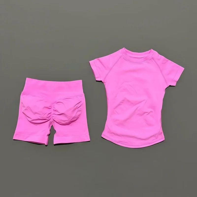 2 Pieces HISTELLO Sports Set Seamless Short Sleeve Low Rise Ribbed Shorts Soft Elastic Pilates Running Fitness Yoga Active Sets