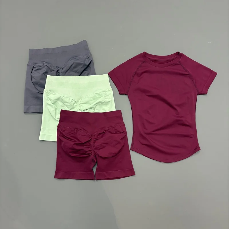 2 Pieces HISTELLO Sports Set Seamless Short Sleeve Low Rise Ribbed Shorts Soft Elastic Pilates Running Fitness Yoga Active Sets