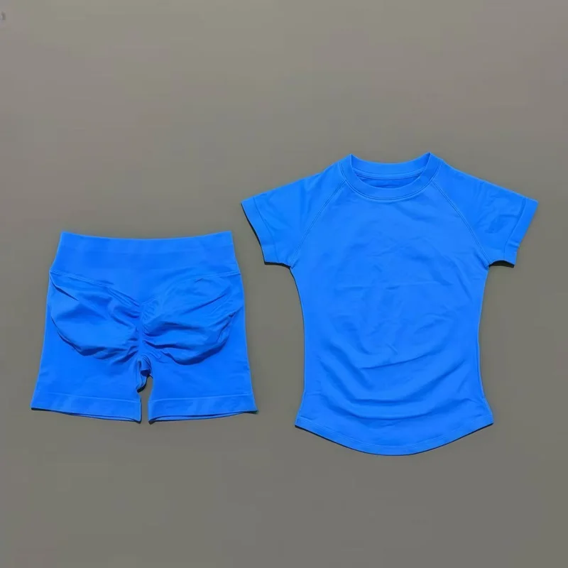 2 Pieces HISTELLO Sports Set Seamless Short Sleeve Low Rise Ribbed Shorts Soft Elastic Pilates Running Fitness Yoga Active Sets