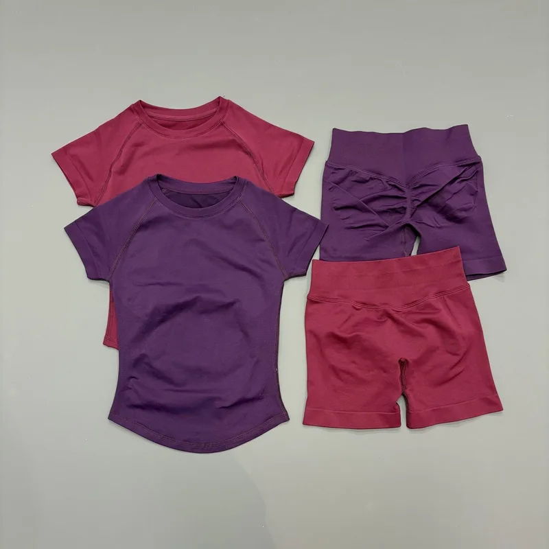 2 Pieces HISTELLO Sports Set Seamless Short Sleeve Low Rise Ribbed Shorts Soft Elastic Pilates Running Fitness Yoga Active Sets