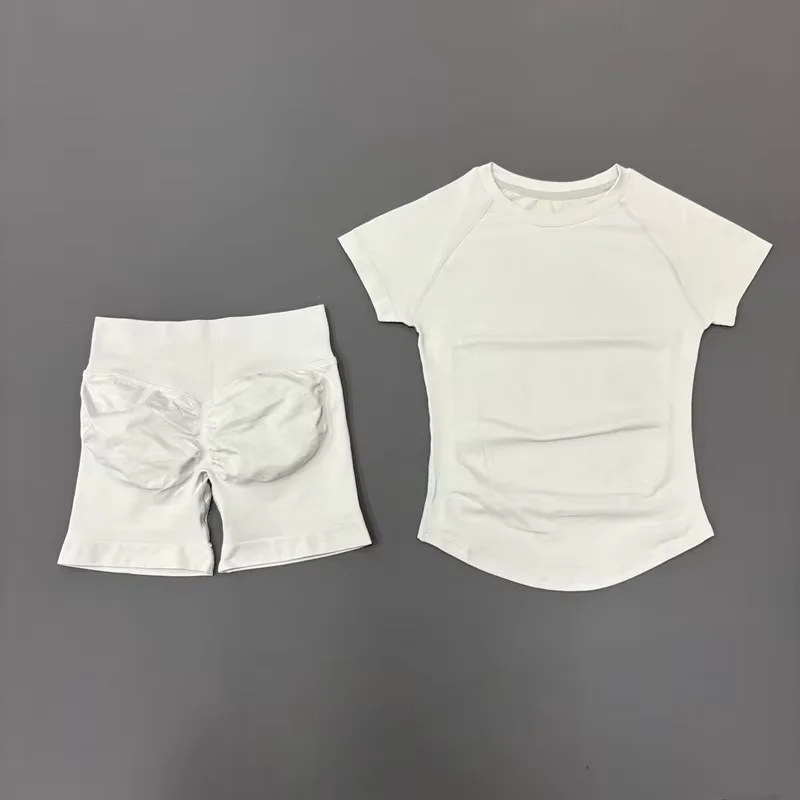 2 Pieces HISTELLO Sports Set Seamless Short Sleeve Low Rise Ribbed Shorts Soft Elastic Pilates Running Fitness Yoga Active Sets