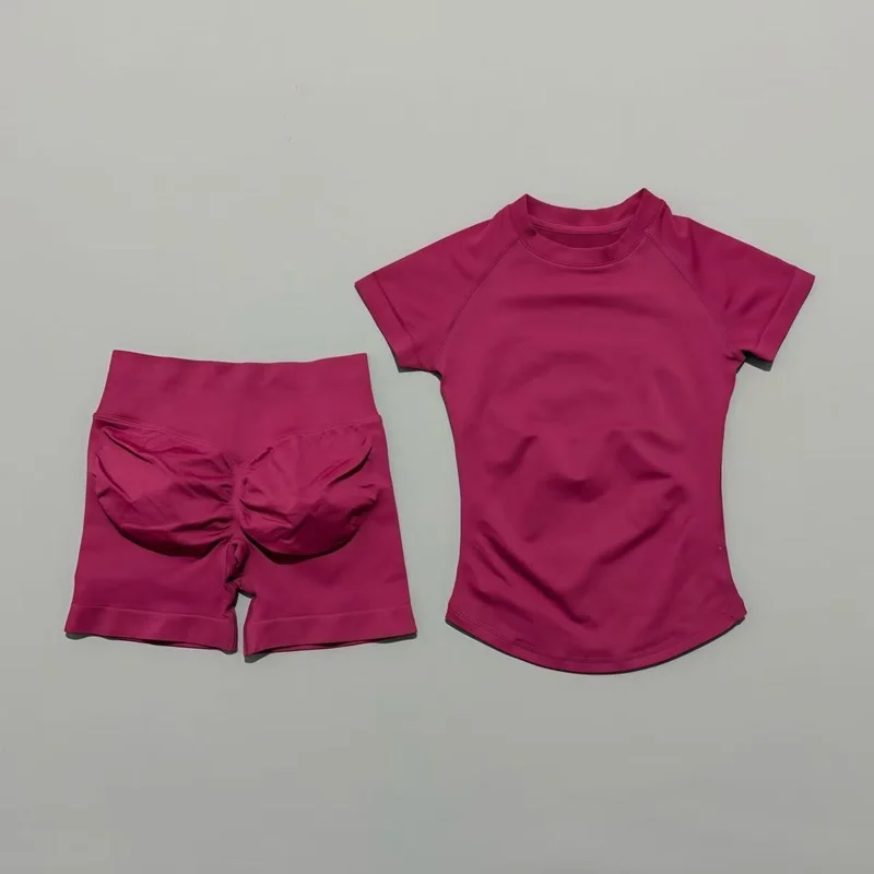 2 Pieces HISTELLO Sports Set Seamless Short Sleeve Low Rise Ribbed Shorts Soft Elastic Pilates Running Fitness Yoga Active Sets