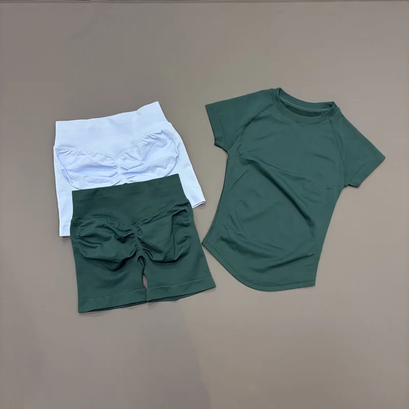 2 Pieces HISTELLO Sports Set Seamless Short Sleeve Low Rise Ribbed Shorts Soft Elastic Pilates Running Fitness Yoga Active Sets
