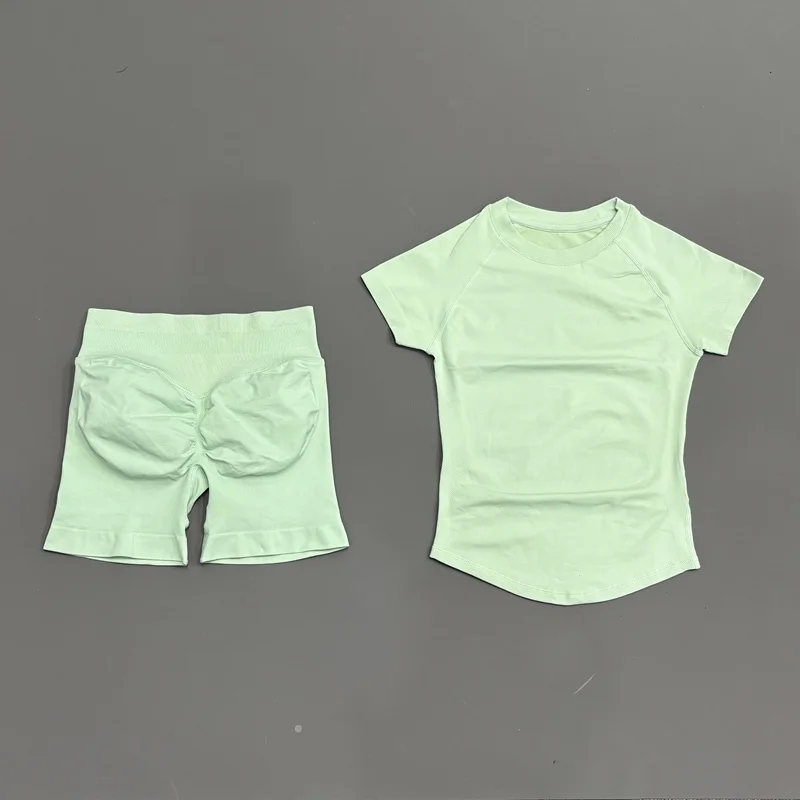 2 Pieces HISTELLO Sports Set Seamless Short Sleeve Low Rise Ribbed Shorts Soft Elastic Pilates Running Fitness Yoga Active Sets