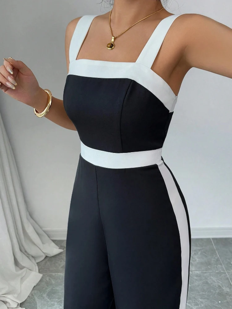 Women's Black White Jumpsuit Square Neck Contrast Trim Ideal for Evening Events Parties Elegant Styles