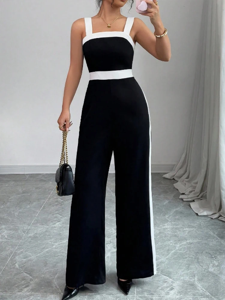 Women's Black White Jumpsuit Square Neck Contrast Trim Ideal for Evening Events Parties Elegant Styles