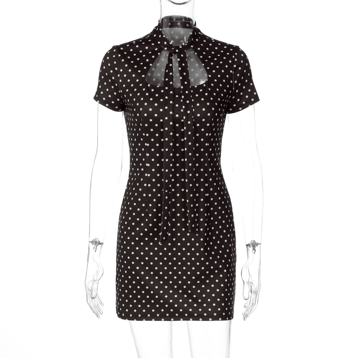 Dulzura Turtleneck Short Sleeve Lace Up Hollow Out Polka Dot Mini Dress Women'S Fashion Sexy Elegant Dress Party Vacation Outfit