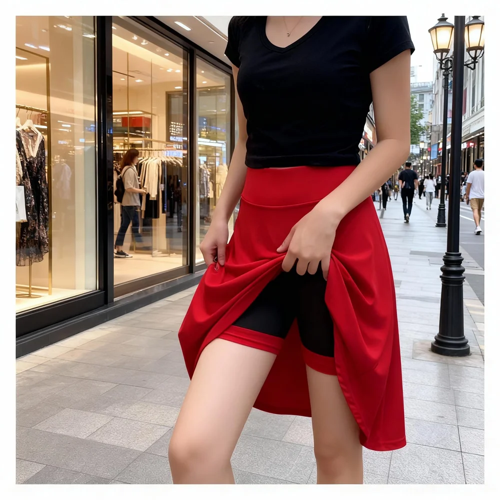 55cm Long Skirt High Waist Inner Lining Shorts Knee Half Skirt Women's Fashion Casual Dancer Clothing Fluffy Pleated Skirts