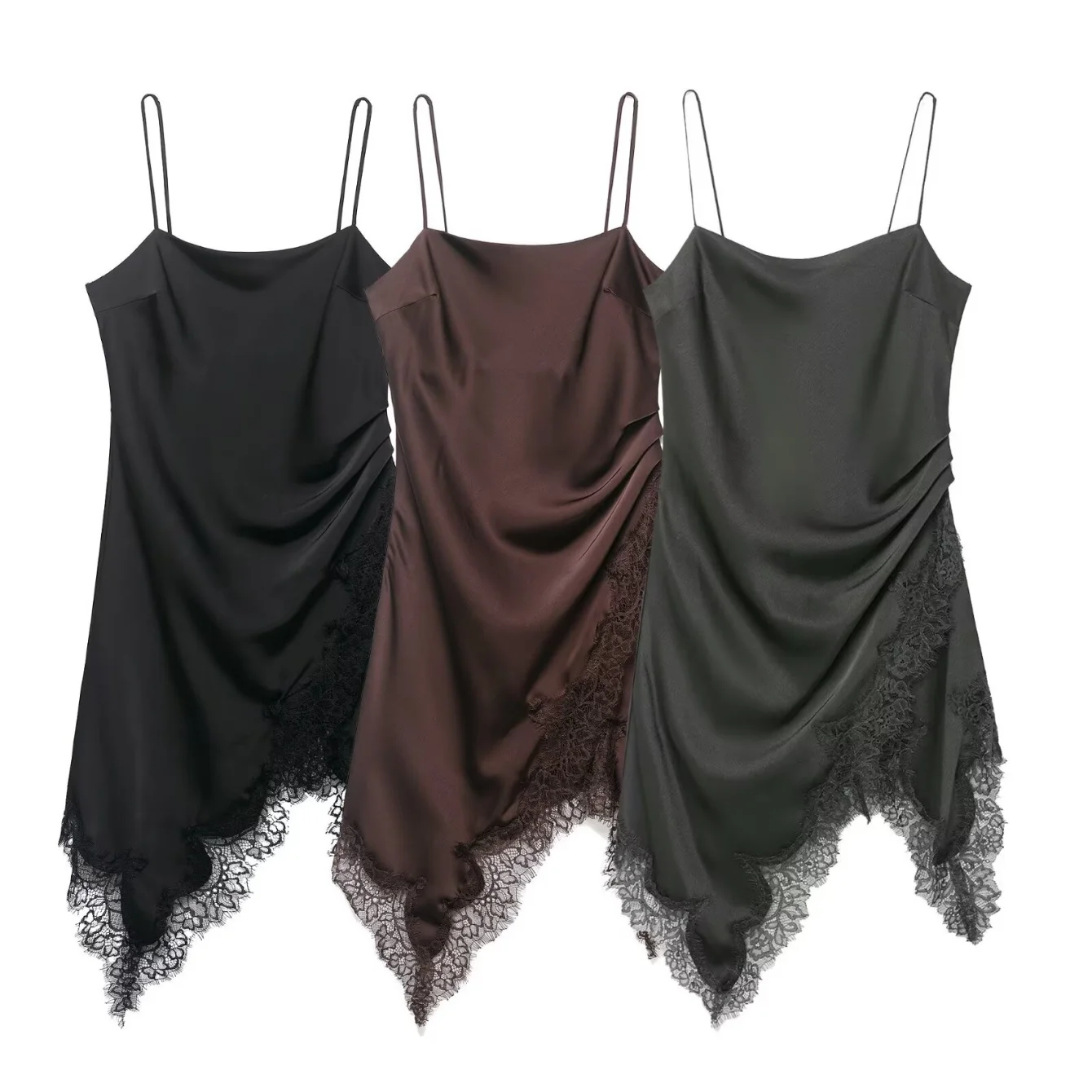 Women Lace Sling Strapless Dress Female Fashion Summer Asymmetric Satin Mini Dresses Chic Lady Evening Dress