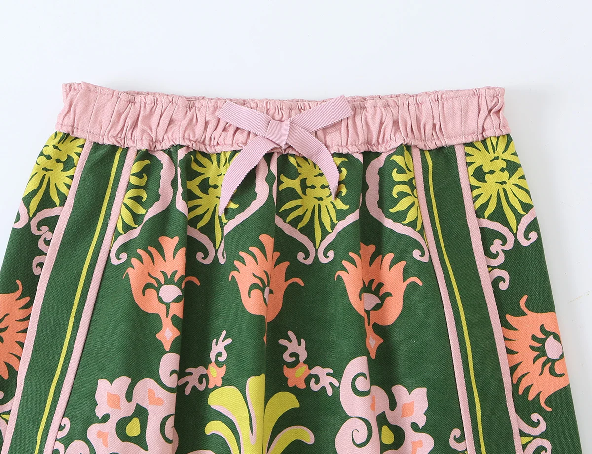 Women's Printed Skirts Set Autumn V-neck Lace-up Long Sleeve Loose Top Mid-waist Elastic Waist Skirt Fashion Casual 2 Piece Set