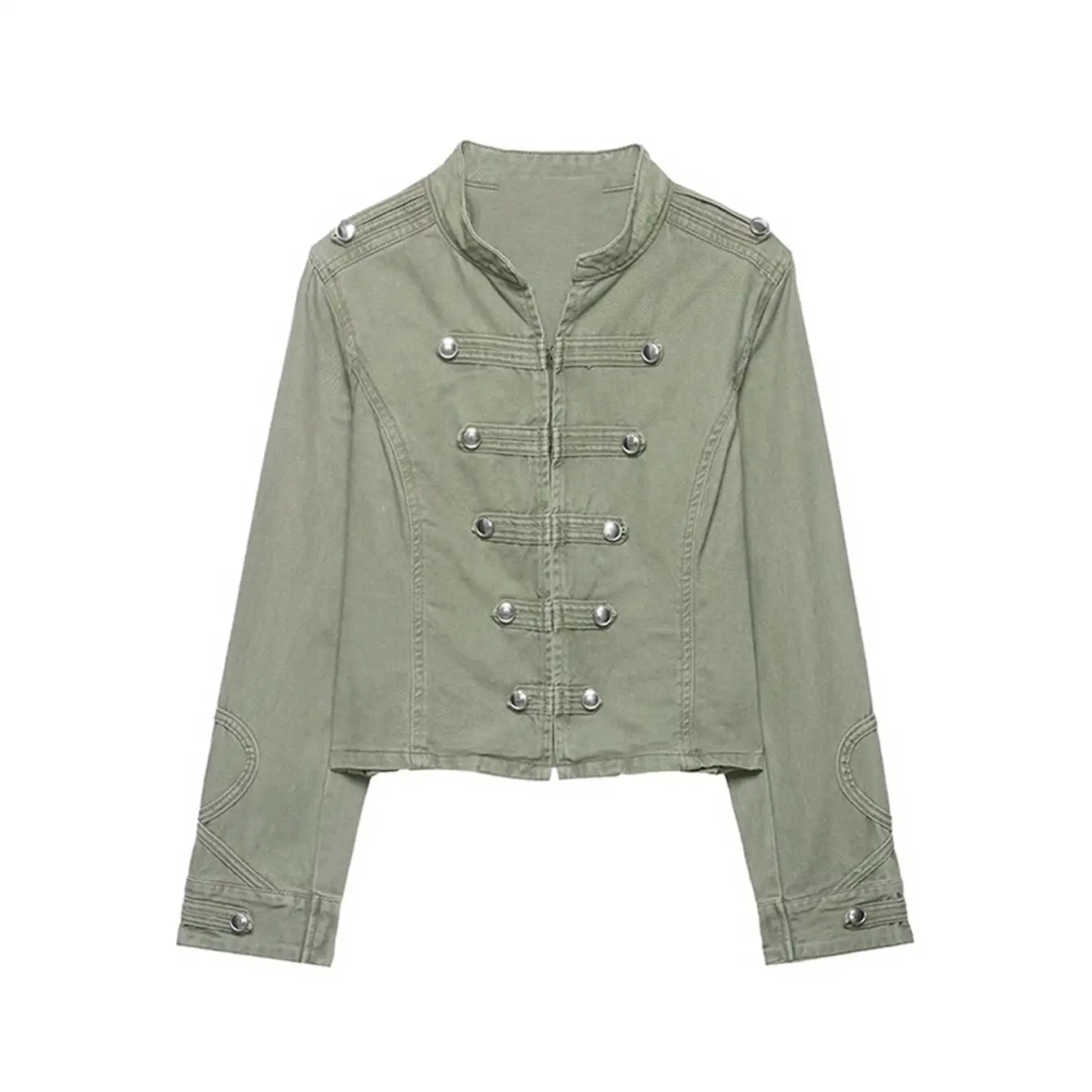 TFMLN Women Casual Denim Jacket Coat 2026 Spring Autumn Long Sleeve Stand Collar Short Coat Female Button Decor Crop Top