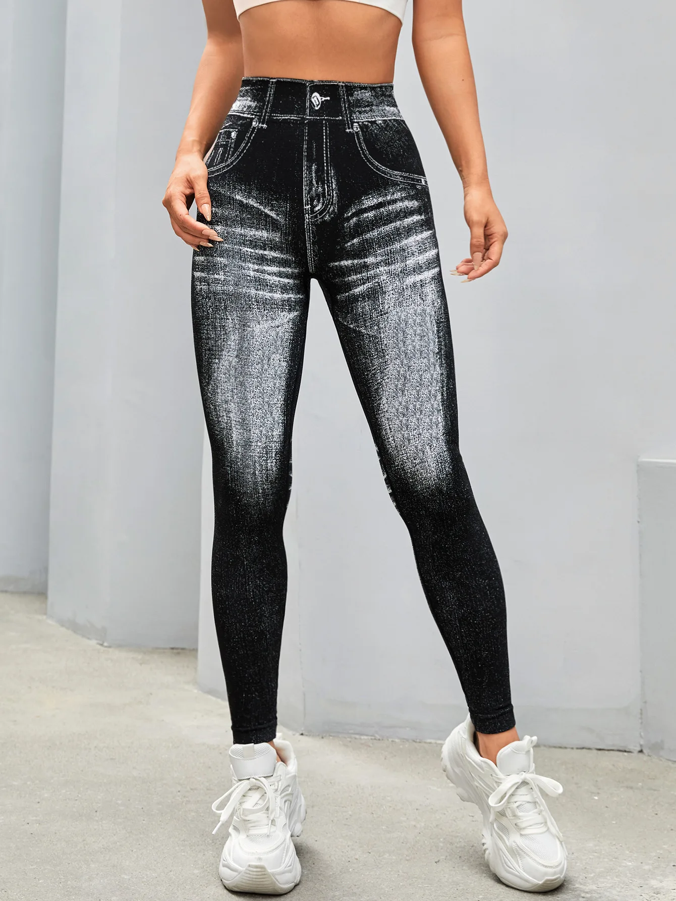 Women's Gym Printed Yoga Tight Pants Seamless High Waisted Denim-like Perforated Fake Pocket Tight Pants Yoga Fitness Leggings