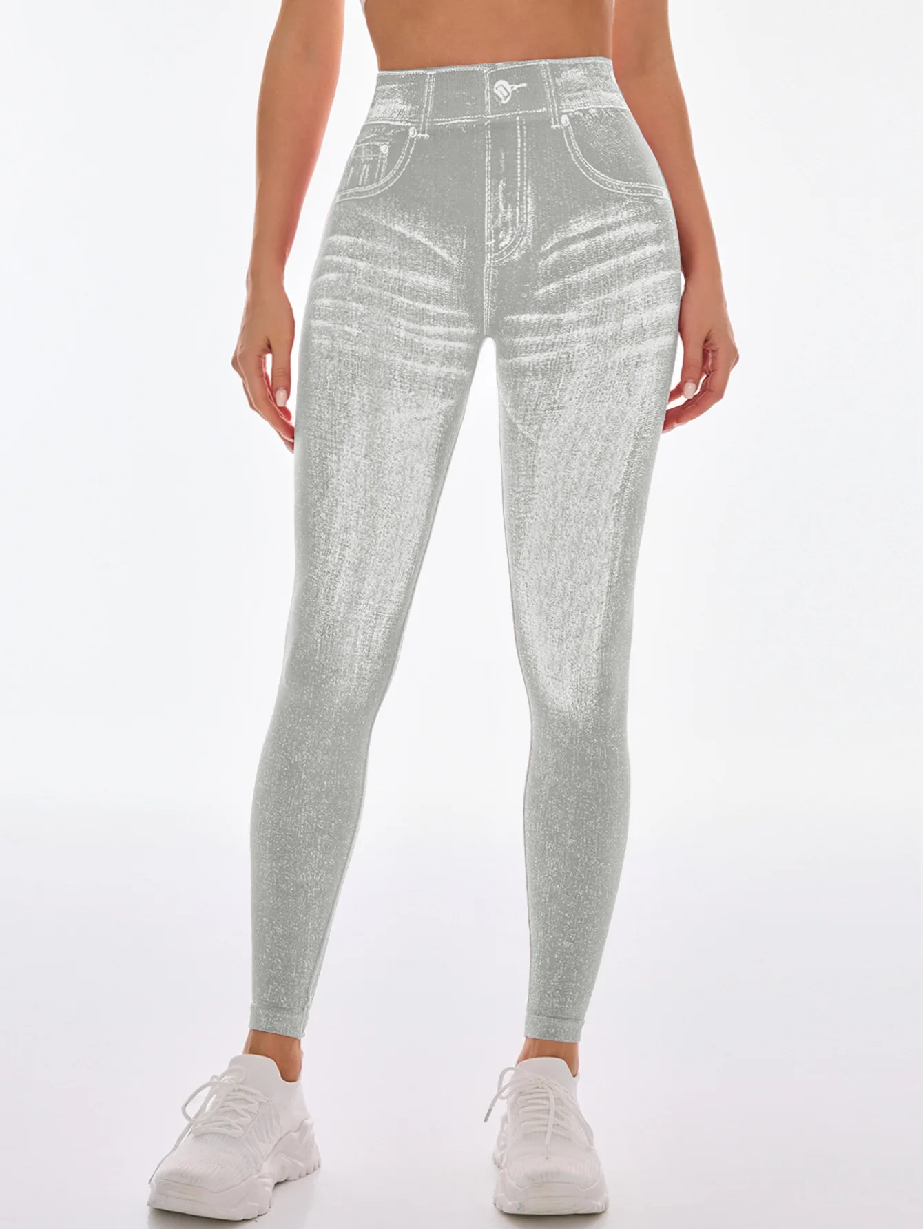 Women's Gym Printed Yoga Tight Pants Seamless High Waisted Denim-like Perforated Fake Pocket Tight Pants Yoga Fitness Leggings