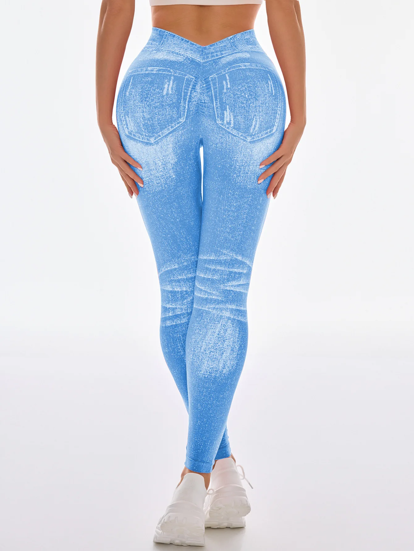 Women's Gym Printed Yoga Tight Pants Seamless High Waisted Denim-like Perforated Fake Pocket Tight Pants Yoga Fitness Leggings