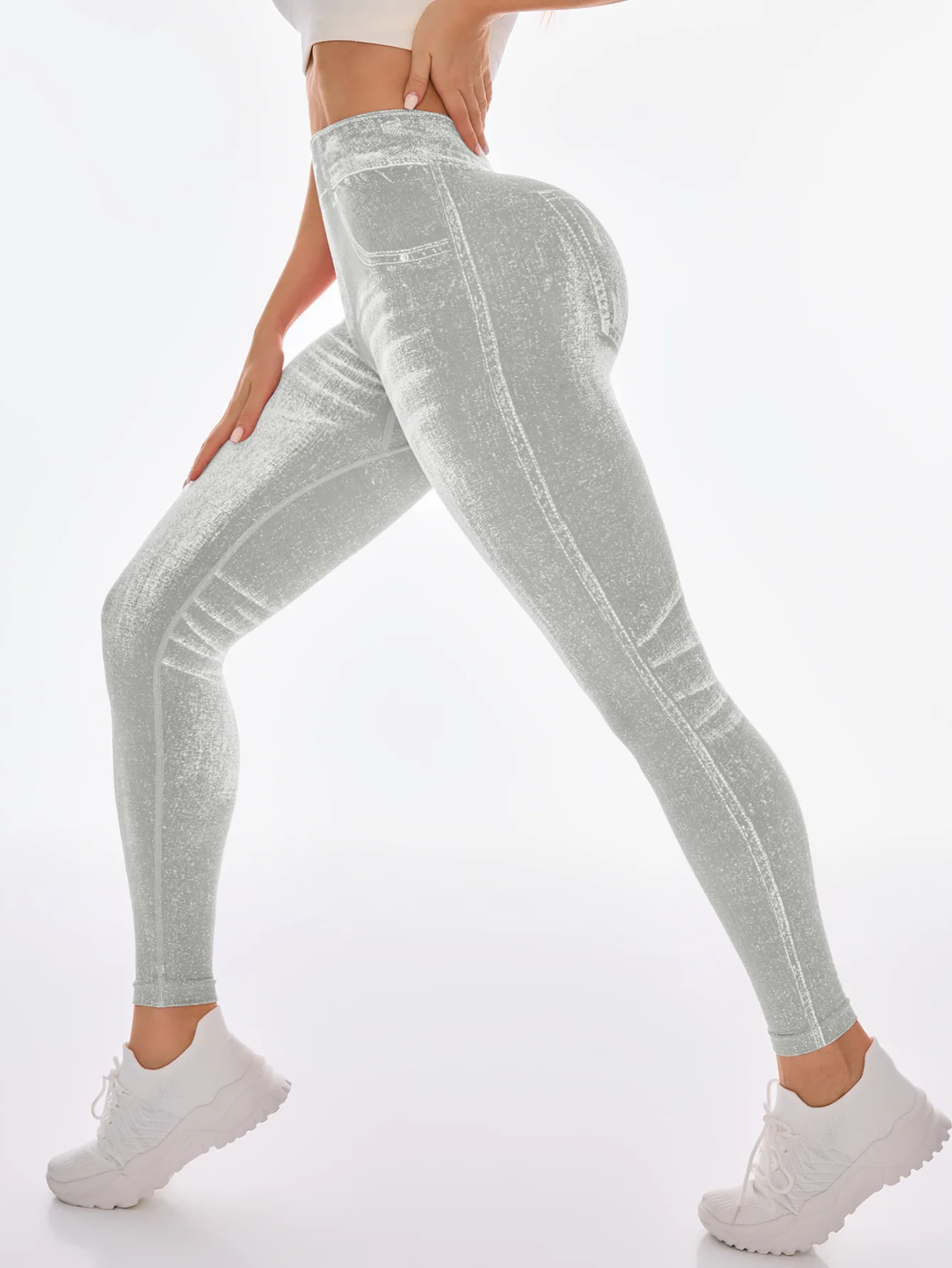Women's Gym Printed Yoga Tight Pants Seamless High Waisted Denim-like Perforated Fake Pocket Tight Pants Yoga Fitness Leggings