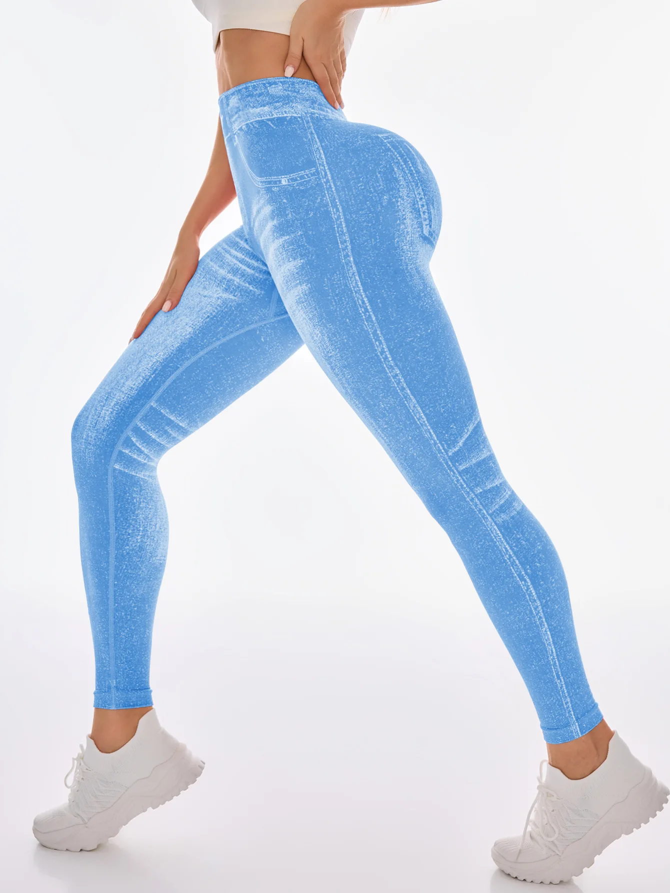 Women's Gym Printed Yoga Tight Pants Seamless High Waisted Denim-like Perforated Fake Pocket Tight Pants Yoga Fitness Leggings