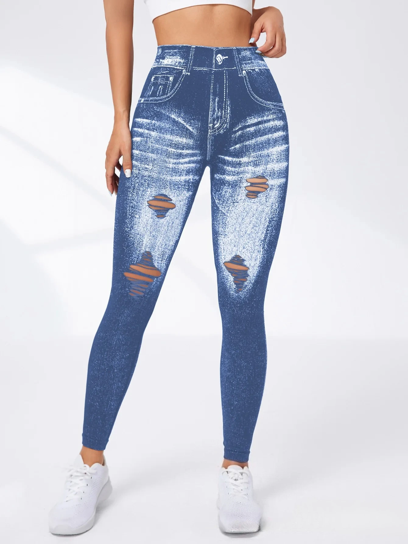 Women's Gym Printed Yoga Tight Pants Seamless High Waisted Denim-like Perforated Fake Pocket Tight Pants Yoga Fitness Leggings