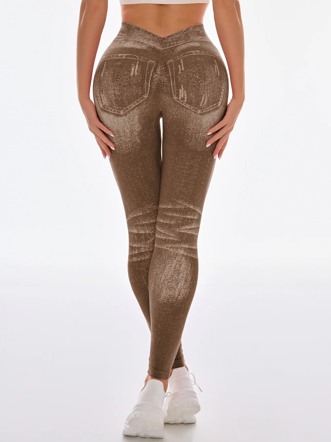 Women's Gym Printed Yoga Tight Pants Seamless High Waisted Denim-like Perforated Fake Pocket Tight Pants Yoga Fitness Leggings