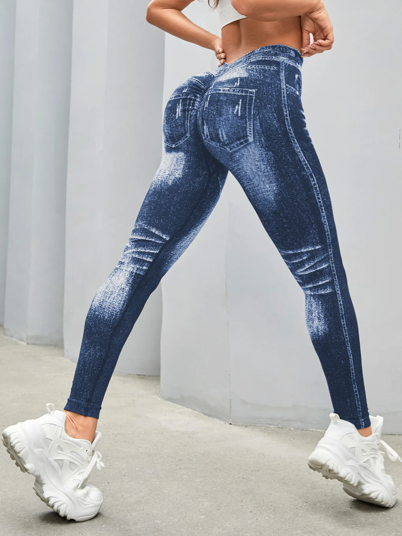 Women's Gym Printed Yoga Tight Pants Seamless High Waisted Denim-like Perforated Fake Pocket Tight Pants Yoga Fitness Leggings
